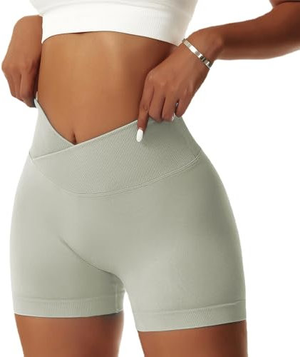 Vertvie Damen Gym Shorts V Cross Stretch Push Up Yoga Shorts Booty Scrunch Fitness Hosen Kurz High Waist Nahtlos Workout Sportshorts Butt Lift Kurze Leggings Sommer (Grau Grün, M)