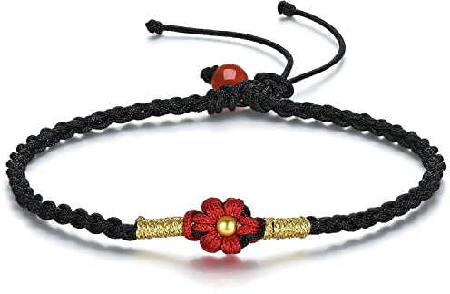 999 24K Gelbgold Armbänder für Damen, Echte Reine Gold verstellbarer Freundschafts anhänger Gold perlen Blumen Armband rot schwarz grün geflochtenes Armband für Männer Mutter Teenager Mädchen