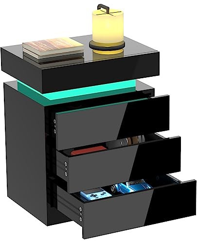 Rcynview Table de Chevet avec éclairage LED, Table d'appoint avec Grand Espace de Rangement, Tables de Chevet en Bois avec 3 tiroirs