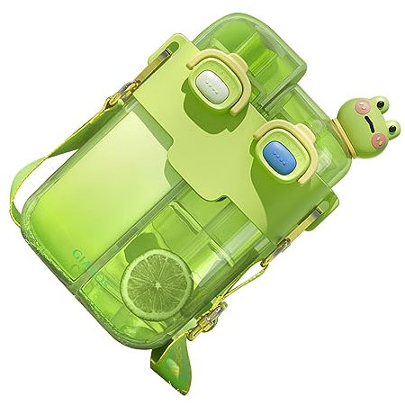 Botella de Agua Potable Doble Kawaii, Correa de Hombro Ajustable, Botella de Agua Ligera a Prueba de Fugas, Portátil Kawaii con Pajita para Yoga y Gimnasio (Verde Lima 780ml)