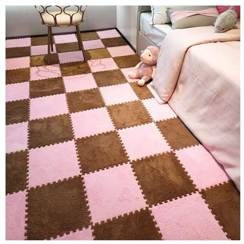 16 Stück Teppichfliesen, Ineinandergreifende Teppiche, 30 X 30 cm Große Puzzle-Spielmatte, Schaumstoff-Fußmatten, Tragbare Krabbel-Spielmatte, Flauschiger Teppich Waschbar(Color:Rosa+Kaffee)