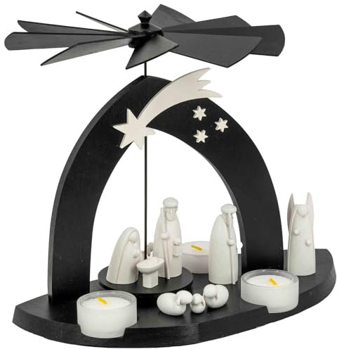 Seiffener Volkskunst Schalling | Weihnachtspyramide Pyramide Erzgebirgspyramide | schwarz mit Christgeburt und Hirte 24 cm
