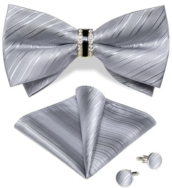 DiBanGu Herren Seide Fliege Silber gestreifte vorgebundene Fliege mit Ring und Einstecktuch Manschettenknöpfe Set Hochzeit Party