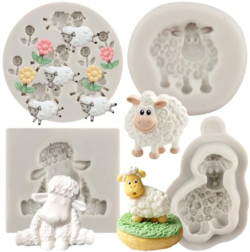 MYPRACS Lot De 4 Mouton Silicone Moules | Forme De Fleur De Chèvre Herbe Fondant Pour Décoration De Gâteaux Cupcakes Bonbons Chocolat Pâte À Gomme