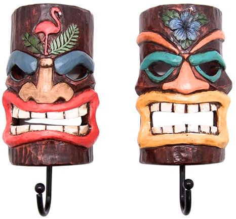 Tiki Masken-Wandhaken, Set mit 2 verschiedenen Designs, Küsteninnendesign, Wanddekoration, 16,5 cm