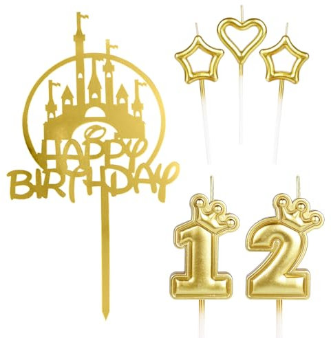 mciskin Girls Happy 12th Birthday Candles Cake Toppers, Gold Castle Cake Toppers, Crown Number 12 Candle for Cake, Candles Cake Cupcake Topper for Women Birthday Decorations 12th Wedding Anniversary