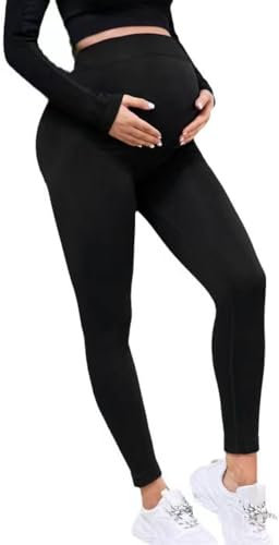 Legging de grossesse long pour femme - Pantalon de grossesse - Stretch - Opaque - Pantalon de yoga - Pantalon de jogging - Pantalon de loisirs pour femmes enceintes, Noir , M