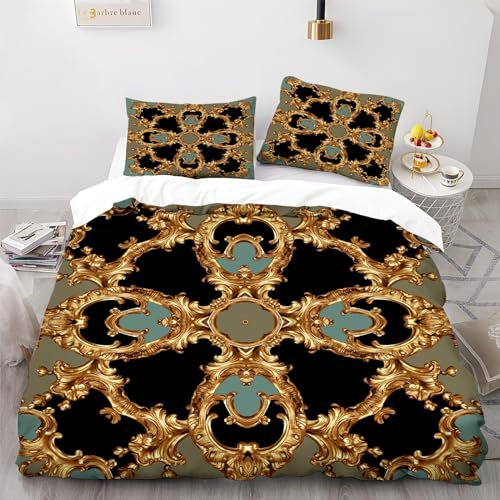 Srigzcaly Retro-Barockmuster Bettwäsche 135x200cm 3teilig Bettbezug - Bettwäsche-Sets mit 2 Kissenbezug 80x80 cm, Bettbezug Gold für Einzelbett mit Reißverschluss Weich Bügelfrei