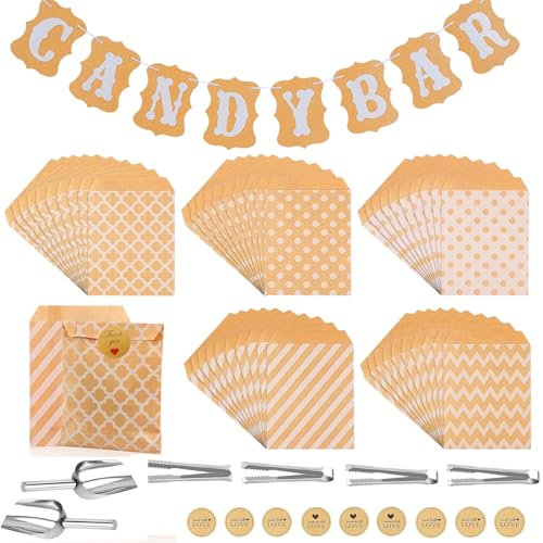 Accessoires Pour Bar à Bonbons Funmo 58Pcs Accessoires Candy Bar Kits Contient 50 Sachet Papier Bonbon Et 1 Autocollants Et 4 Pinces à Sucre et 2 Cuillères à Glace Et 1 Candy Bar Banderole Guirlande
