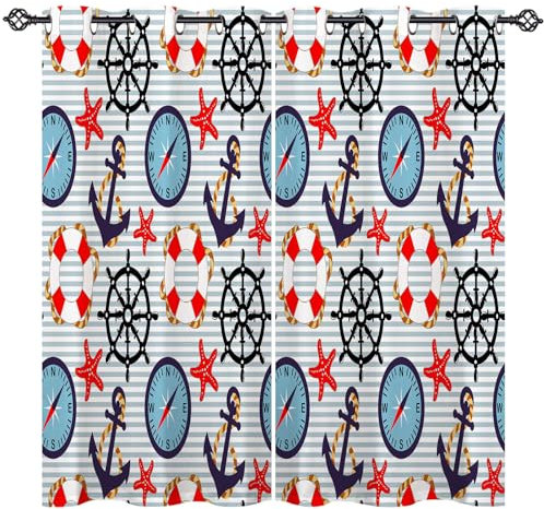 ANHOPE Nautisch Kompass Anker Ruder Vorhänge mit Ösen Blickdichte Gardinen Thermo Vorhang Blackout Curtain Schlafzimmer Wohnzimmer Weich Verdunklungsvorhänge 2er Set H 137 x B 117 cm