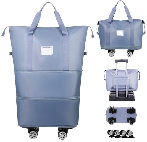 Reisetasche faltbar, Tasche mit Rollen, Erweiterbare Gepäcktasche mit Lenkrollen, Nass- und Trockenaufbewahrungstasche mit großem Fassungsvermögen, Weekender Gym Travel Bag für Sport (Nebelblau)