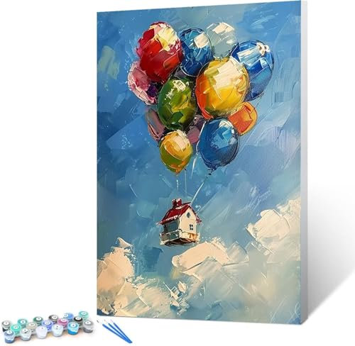 Peepezo Malen nach Zahlen Kinder Ballon, Haus Geschenke für Mädchen Junge, Bastelset Kinder, Malen nach Zahlen | Malen nach Zahlen, Bastelset Mädchen 40x50cm (rahmenlos)