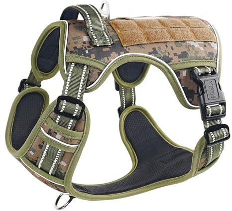 HEELE Hundegeschirr, Metall Taktisches Geschirr, Taktische Hundeweste, Service Hundegeschirr, MOLLE Sicherheitsgeschirr, Brustgeschirre für Hunde, Laufgeschirre für Hunde, Camouflage Grün, S