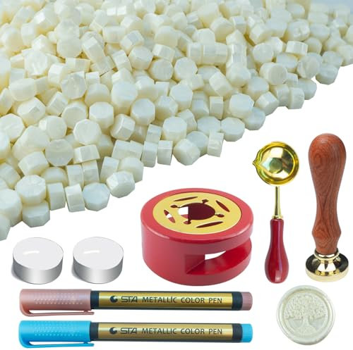 Tomgenrine Wax Seal Kit with 500 Pearl White Beads | Includes Wax Seal Warmer, Stamp and Melting Spoon