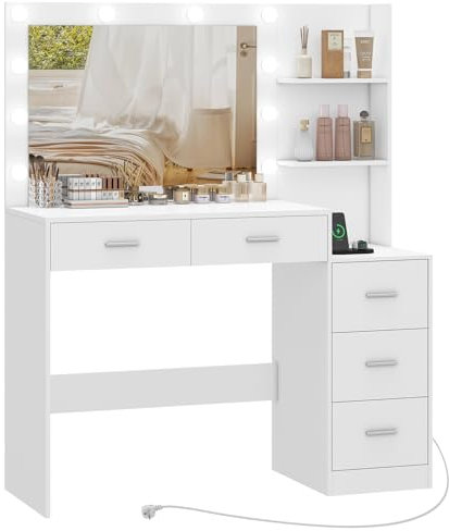FIONESO 110cm Großer Schminktisch mit großem Spiegel und LED-Leuchten, Schminktisch mit 5 Schubladen, 2 offene Regale, Steckdosen, Kosmetiktisch für Mädchen, Frauen und Schlafzimmer, Weiß