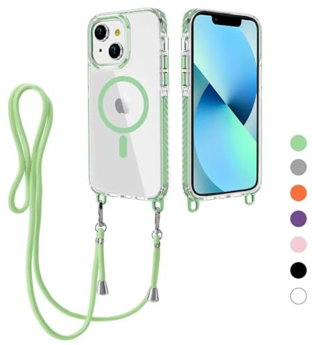 Magnetica Cover per iPhone 14/iPhone 13 con Cordino, Compatibile con MagSafe, Custodia Traslucida PC Sottile TPU Antiurto Protettiva Case con Corda Collana Tracolla Laccio, verde