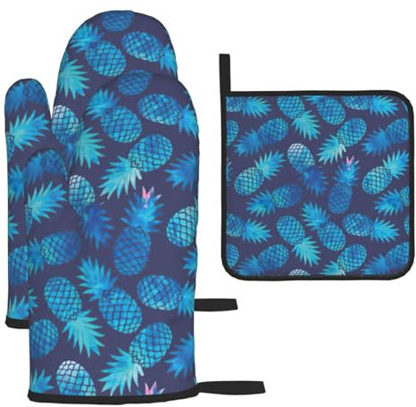 Set di 3 guanti da forno e presine con ananas blu, resistenti al calore, regalo da cucina per cucinare