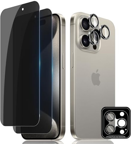 Lutree Privacy Tempered Glass for iPhone 15 Pro Max, 2+1 Pack Anti-Spy Screen Protector + Camera Lens Protection Film, 9H Hardness Anti-Scratch Anti-Peeping Protective Glass