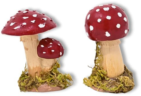 damaloo 2X Fliegenpilz Deko Set aus Harz - Herbst Dekoration Pilze zum dekorieren mit Dekomoos- Herbstdekoration - Süße Feengarten Fliegenpilze - Kunstpilz für den Garten & Balkon - Mushroom Decor