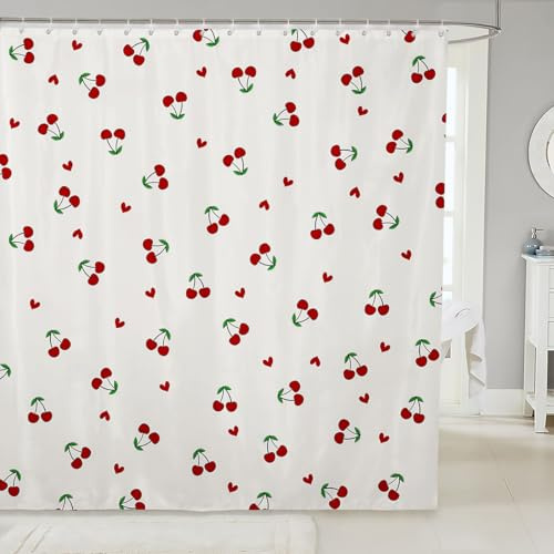Loussiesd Kinder Rote Kirsche Duschvorhang 180x200cm Kirsche Muster Bad Vorhang Jungen Mädchen Nettes Obst Duschvorhang Textil Kawaii Cartoon Obst Jugendliche Badezimmer Dekor