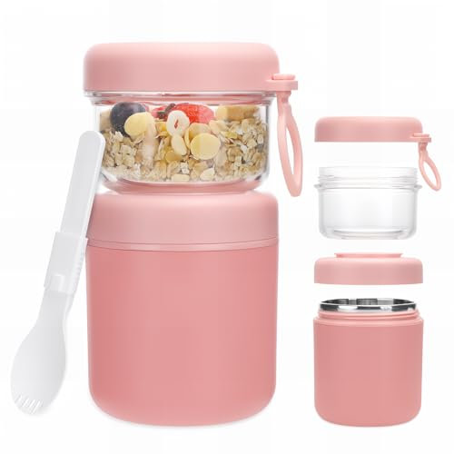Bugucat Müslibecher to Go Edelstahl,2-in-1Joghurtbecher to Go 530ml+330ml, Praktischer Müslibecher Mit Löffel,Müsli Becher für Kinder&Erwachsene,Müsli Cup Porridge Becher Lunchpot;Rosa