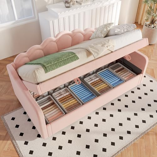 TIZZ 90x200cm,Tagesbett, Schlafsofa, Hydraulisch Bett, Mit Stauraum, Einzelbett (Ohne Matratze), Samt, Farbwechselbarer LED-Streifen, Rosa