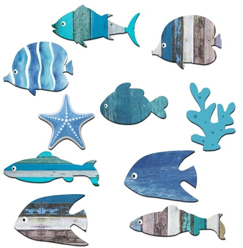 10 pezzi di decorazioni da parete vintage a forma di pesce in legno con colla a punti, squisite e romantiche decorazioni da parete nautiche, forniture per la disposizione delle scene di feste a tema