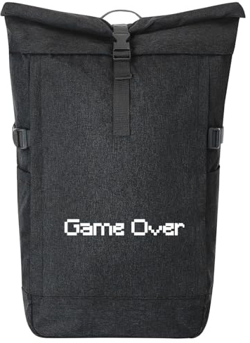 Huuraa Kurierrucksack Game Over Schriftzug 30-44 Liter Black Melange Fairtrade Rolltop Rucksack Geschenkidee