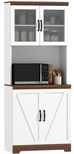 HOMCOM Alacena de Cocina Mueble Auxiliar de Cocina Aparador Alto con 2 Puertas de Vidrio Estantes Ajustables y Compartimentos Abiertos 72x40x178 cm Blanco