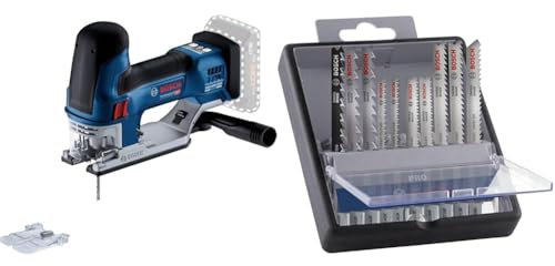 Bosch Professional 18V System Akku Stichsäge GST 18V-155 SC (ohne Akkus und Ladegerät) + 10x PRO Hardwood and Laminate Stichsägeblatt-Set (für Hartholz, Parkett, Länge 83 mm, Zubehör)