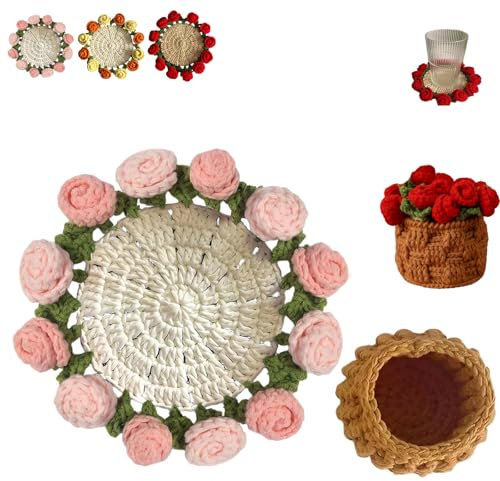 Stampopular/Virtuetion Unique Crochet Drink Coasters, DIY Crochet Flower Bouquet Blanket Coasters, Handmade Knitted Finished Rose Tabletop Potted Flowers,Gift for Birthday, Anniversary (Pink 1Set)