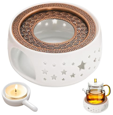 PORFOYO Stövchen für Teekanne, Stövchen Keramik mit Teelichthalter, Kaffeewärmer, Teekanne Stövchens, Weiß Teewärmer Hohl Geschnitztes Design, Teekanne Wärmer für Wärmeerhaltung Tee Kaffee