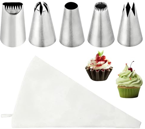 Piping Bag Set,Large Reusable Silicone Piping Bags 40 cm,5-Types of Stainless Steel Cake Decorating Nozzle,for Decorating Cream, Foam, Sugar Pastries Cake Decoration Baking, Cooking