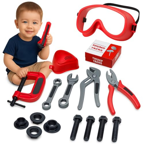 Toyana 17Pcs Kids Tool Set, Construction Kit with Safety Goggles, Wrench, Pliers and Clamp Kids Toy Tool Set - Realistic Educational Fun Play Toys for Boys & Girls Building Tools Gift for Age 3+ Years