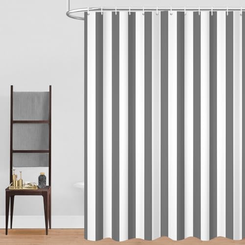 GCIREC Duschvorhang, 180x180cm, Grau und Weiß Moderner Minimalismus Vertikale Streifen Wasserdichter Stoff Maschinenwaschbarer Badezimmervorhang mit Haken