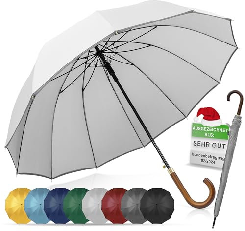 ADRIANO PORCARO® - Parapluie automatique - Coupe-vent avec tige en bois - Entretoise à 12 branches en fibre - Grand, solide et résistant au vent - 115 cm de diamètre, Bleu marine/gris, xxl