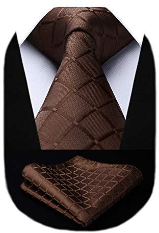 HISDERN Herren Krawatte Braun Formelle Klassische Karierte Krawatten mit Einstecktuch Hochzeit Herrenkrawatte und Taschentuch Set für Männer