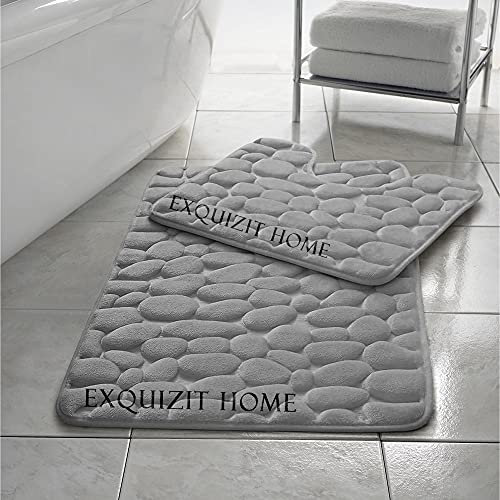 EXQUIZIT HOME Super Soft Memory Foam Bath Mat - Non Slip Bathroom Mat, Washable Bathroom Rug Pebble Bath Mat & Pedestal Mat 2 Piece Set COLOUR : GREY