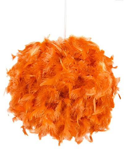 Eye-Catching and Modern Real Natural Vibrant Orange Feather Decorated Small Pendant Light Shade 40watt Maximum Perfect Statement Piece 25cm Diameter by Happy Homewares