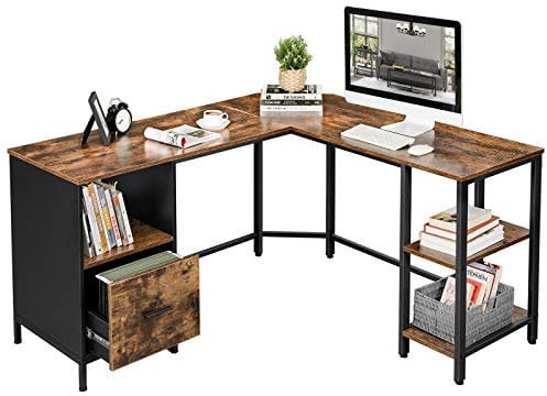 VASAGLE Schreibtisch, L-förmiger Computertisch, Bürotisch mit Schrank und Hängeregistratur, 2 Ablagen, Homeoffice, platzsparend, einfache Montage, Industrie-Design, vintagebraun-schwarz LWD75X