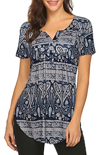 Halife Women's Floral Printed Short Sleeve Henley V Neck T-Shirt Pleated Casual Flowy Tunic Blouse Tops, Navy Blue, Large