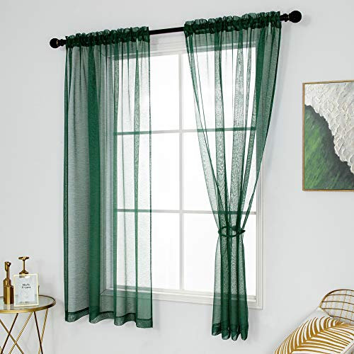 DUALIFE Transparente Voile-Vorhänge, 160 cm Länge, dunkelgrün, einfarbig, transparent, für Schlafzimmer, 2 Paneele