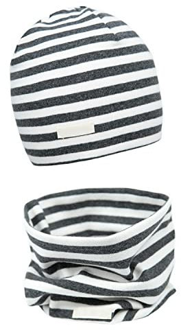 FORUHOO Mädchen Mütze Set mit Schal Kinder Beanie für Herbst Winter Baumwolle 2er(Set: Streifen Grau,44-48)
