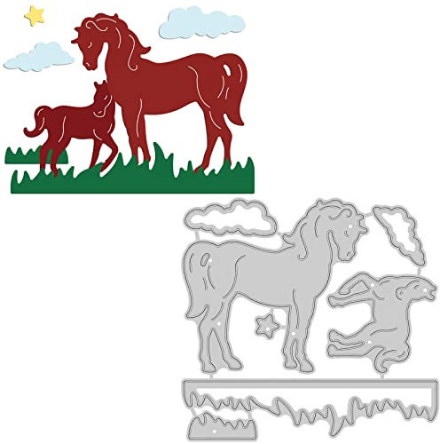 GLOBLELAND Stanzschablonen Pferd Metall Schneiden Schablonen Pferd, Gras und Wolken Stanzformen Tiere für Kartenherstellung und DIY Scrapbooking Dekor