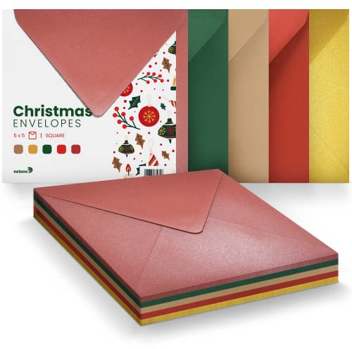 Netuno 25 Motiv-Briefumschläge Weihnachten 153x 153 mm Briefumschlag-Set farbig quadratische Umschläge Farben-Mix Umschlag-Mix quadratisch bunt sortiert für Einladungskarten Weihnachts-Umschläge