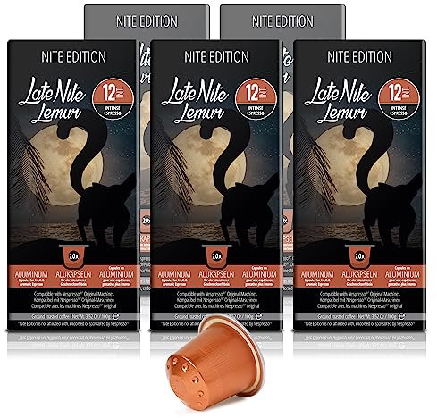 Late Nite Lemur I 100 Kaffeekapseln I Nespresso kompatible Kapseln I Espresso I Dunkle Röstung Intensität 12 I Aluminium Kaffee Kapseln I Recyclebar