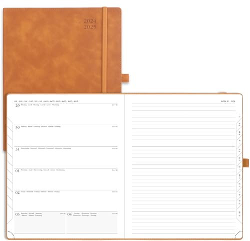 POPRUN Kalender 2025 Buchkalender A4 Notizbuch (Aug.2024-Dez.2025), ca. A4 (26,5 x 21,5 cm), Terminplaner, Wochenplaner 2025 Softcover mit PU-Leder, Zertifiziertem Papier - Braun