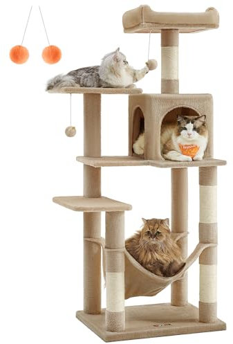 Feandrea Arbre à Chat Hauteur 143 cm, Tour de Jeux pour Chats, avec 4 Poteaux à Griffer, 2 Plateformes, 1 Niche, 1 Hamac, 2 Pompons, en Tissu Peluche, Multi-Niveaux, Marron Camel PCT161K01