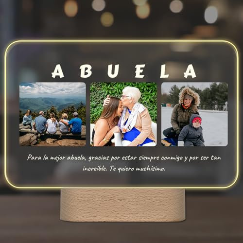 Lámpara Personalizada para Abuela con Fotos y Texto – Regalo Original para Abuelas – Placa de Metacrilato con Luz LED – Regalos Emotivos para Cumpleaños, Navidad o Día de la Abuela (ABUELA)