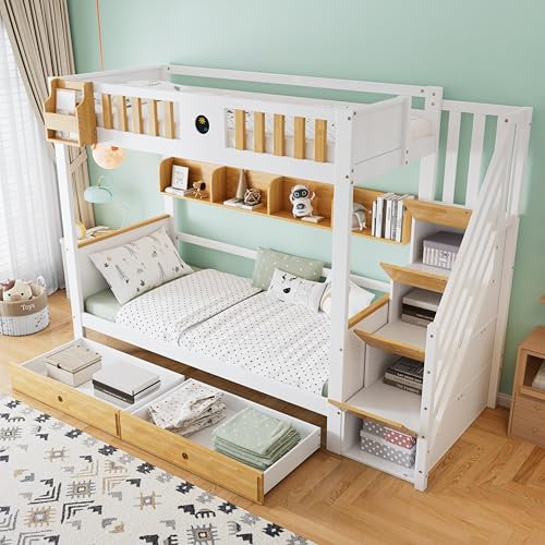 Litera Infantil 90 x 200 Con Escalera, Cabaña de 2 Plazas, Entrepiso Con Almacenamiento, Barrera, Somier y Armarios Cajones